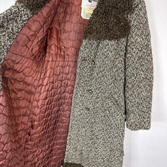 Vintage Marielle Fleury Wool Tweed Coat Faux Shearling Trim Belted Women 12 60s - Picture 9 of 9